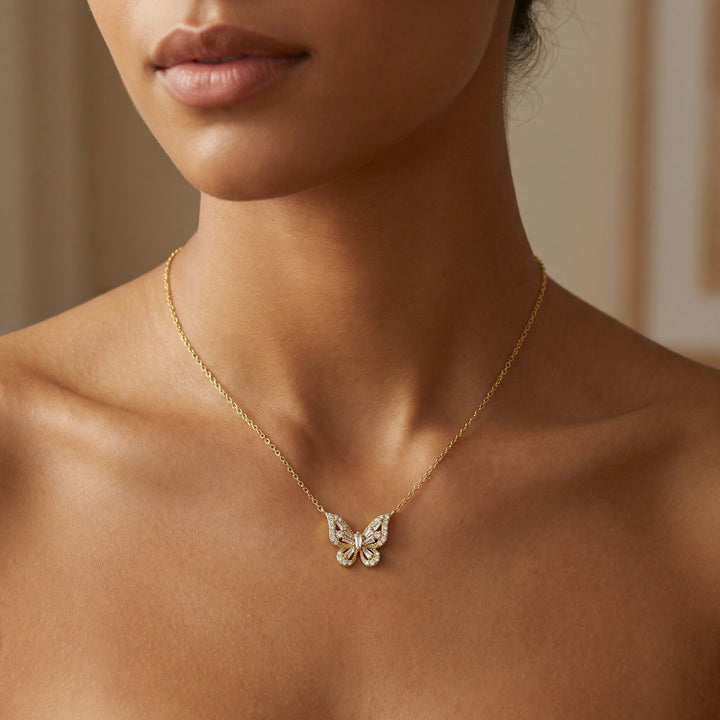 925 Sterling Silver Butterfly Pendant Necklace with Baguette & Round-Cut Sparkling Gemstones