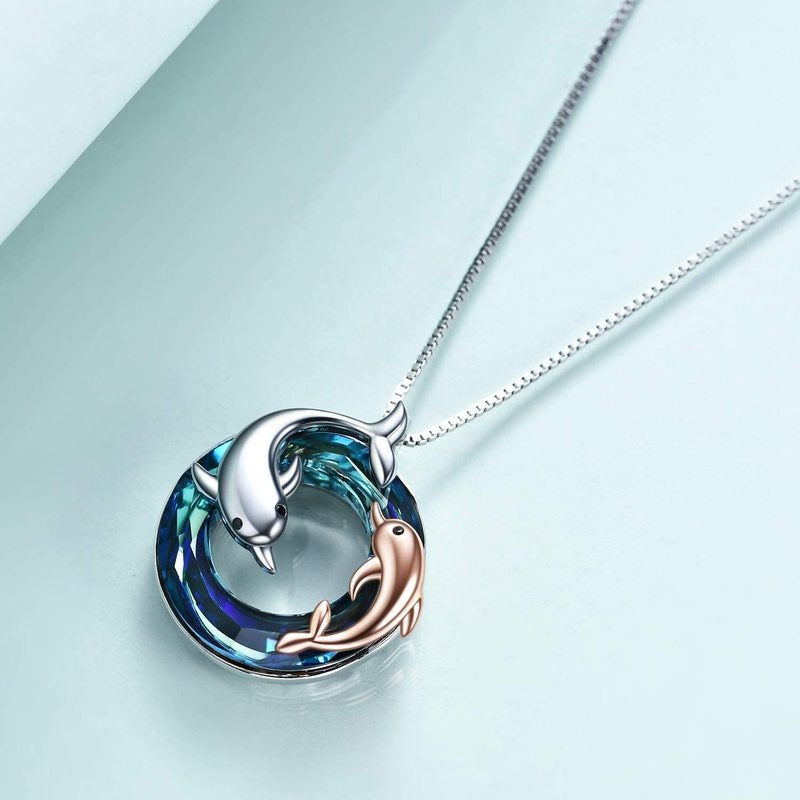 Women’s Colorful Circle Crystal Dolphin Pendant Necklace – Stylish Alloy Jewelry