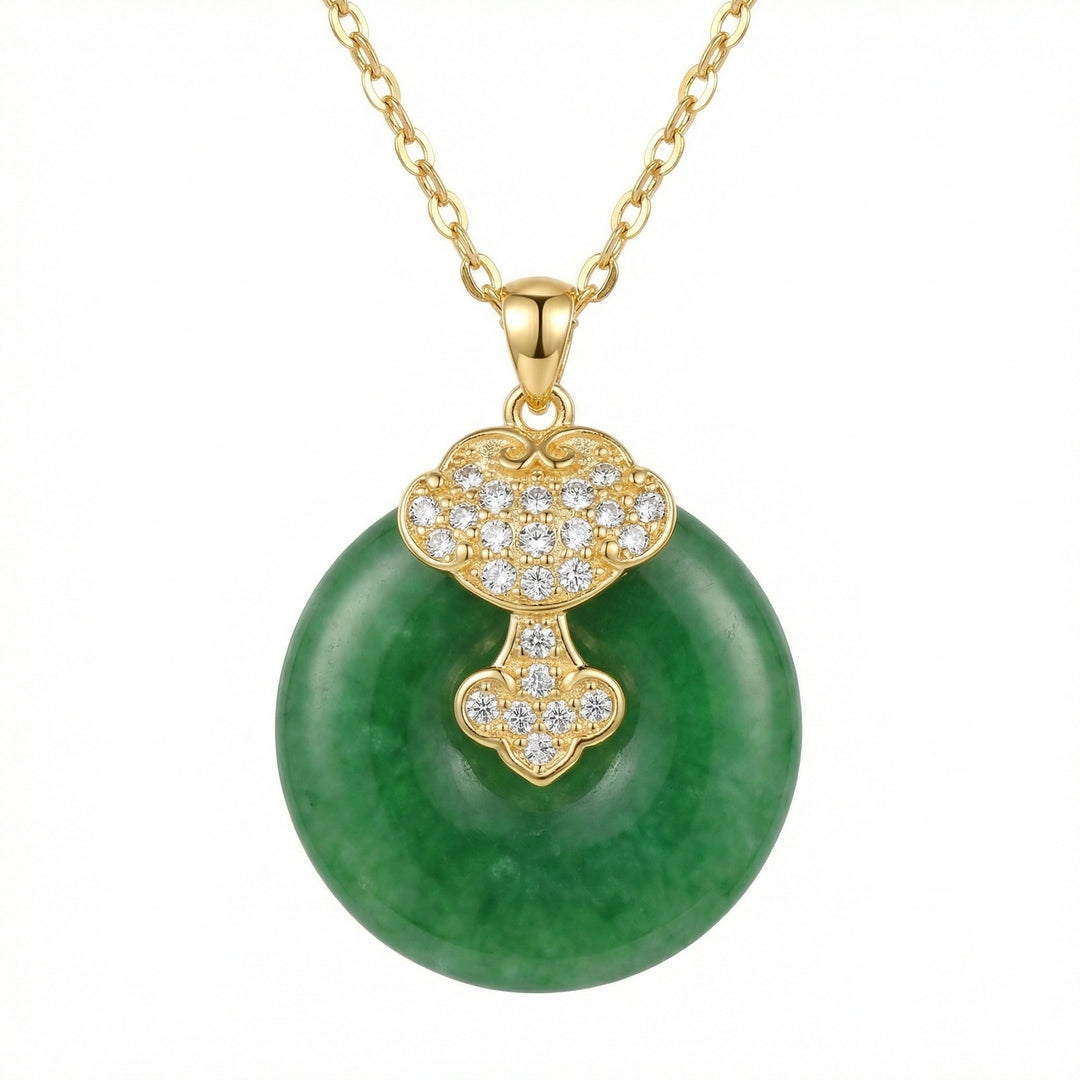 ✨ 925 Sterling Silver Elegant Green Jade Pi Disc Pendant Necklace with Ornate Sparkling Ruyi Motif ✨