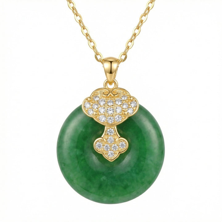 ✨ 925 Sterling Silver Elegant Green Jade Pi Disc Pendant Necklace with Ornate Sparkling Ruyi Motif ✨