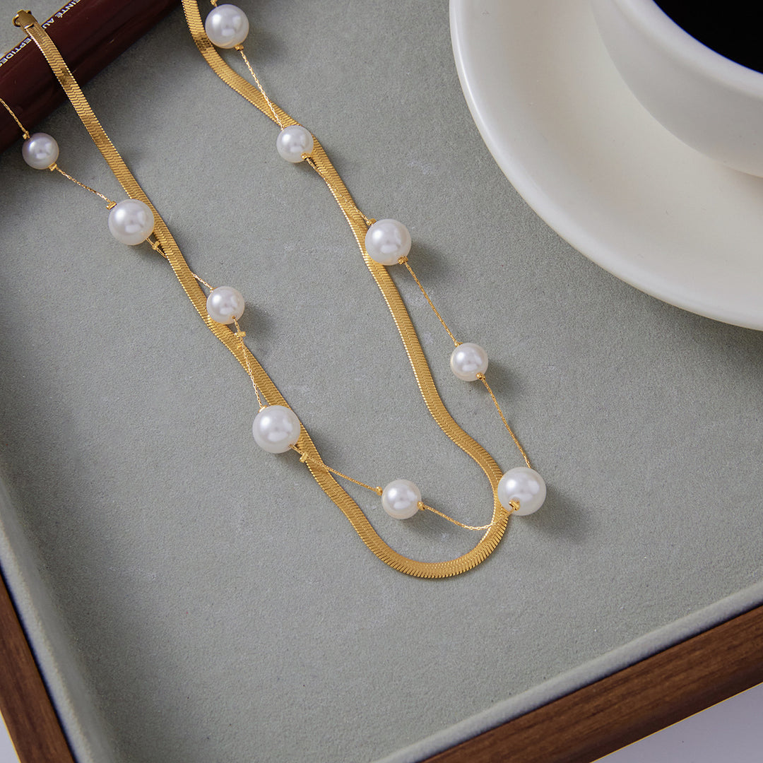 Elegant 18K Gold Stainless Steel Glass Pearl Necklace – Geometric Casual Jewelry for Women