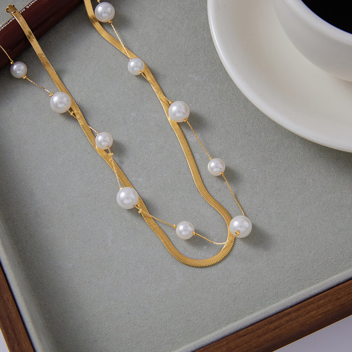 Elegant 18K Gold Stainless Steel Glass Pearl Necklace – Geometric Casual Jewelry for Women
