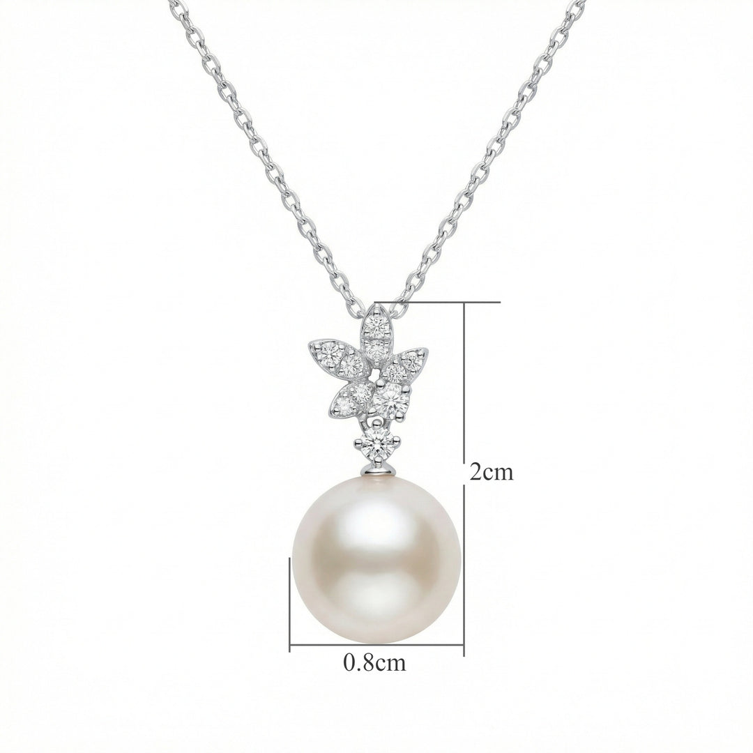 🍃 925 Sterling Silver Elegant White Pearl & Diamond Leaf Motif Pendant Necklace 🍃
