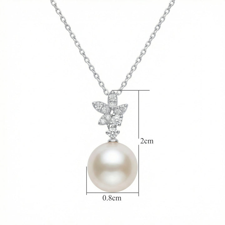 🍃 925 Sterling Silver Elegant White Pearl & Diamond Leaf Motif Pendant Necklace 🍃