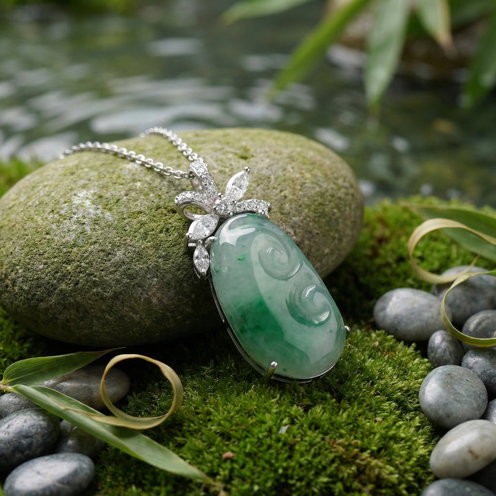 925 Sterling Silver Exquisite Carved Green Jadeite Pendant Necklace with Diamond-Set Floral Bail