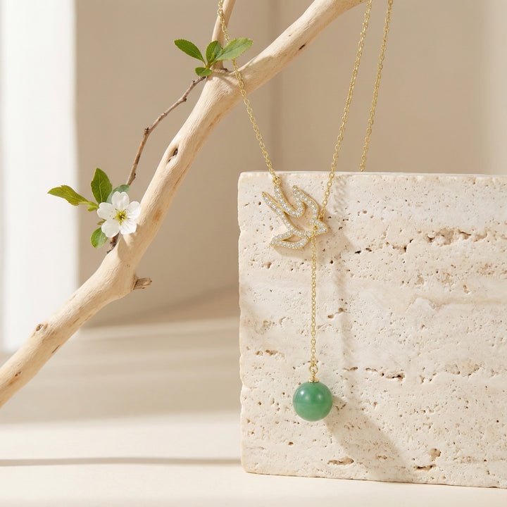 ✨ 925 Sterling Silver Sparkling Diamond Swallow Necklace with Elegant Green Jade Bead Drop ✨