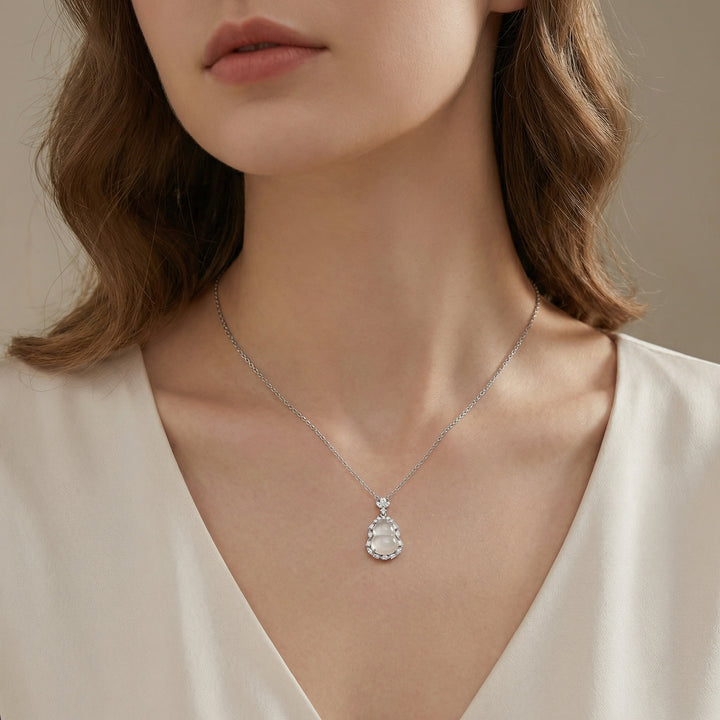 925 Sterling Silver White Jade Hulu Pendant Necklace with Mixed-Cut Diamond Halo & Leaf Bail