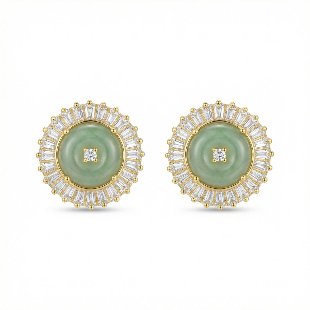 925 Sterling Silver Green Jadeite Stud Earrings with Radiant Baguette Diamond Halo