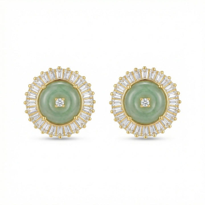 925 Sterling Silver Green Jadeite Stud Earrings with Radiant Baguette Diamond Halo