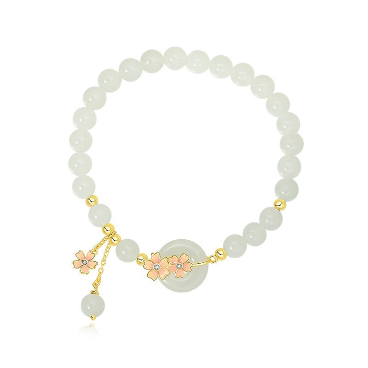 Hetian Jade Peach Blossom Bracelet – 925 Sterling Silver Mori Style Elegant Jewelry