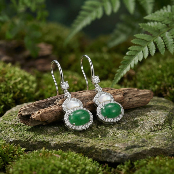 925 Sterling Silver Green Jadeite and Mother-of-Pearl Hulu Gourd Drop Earrings