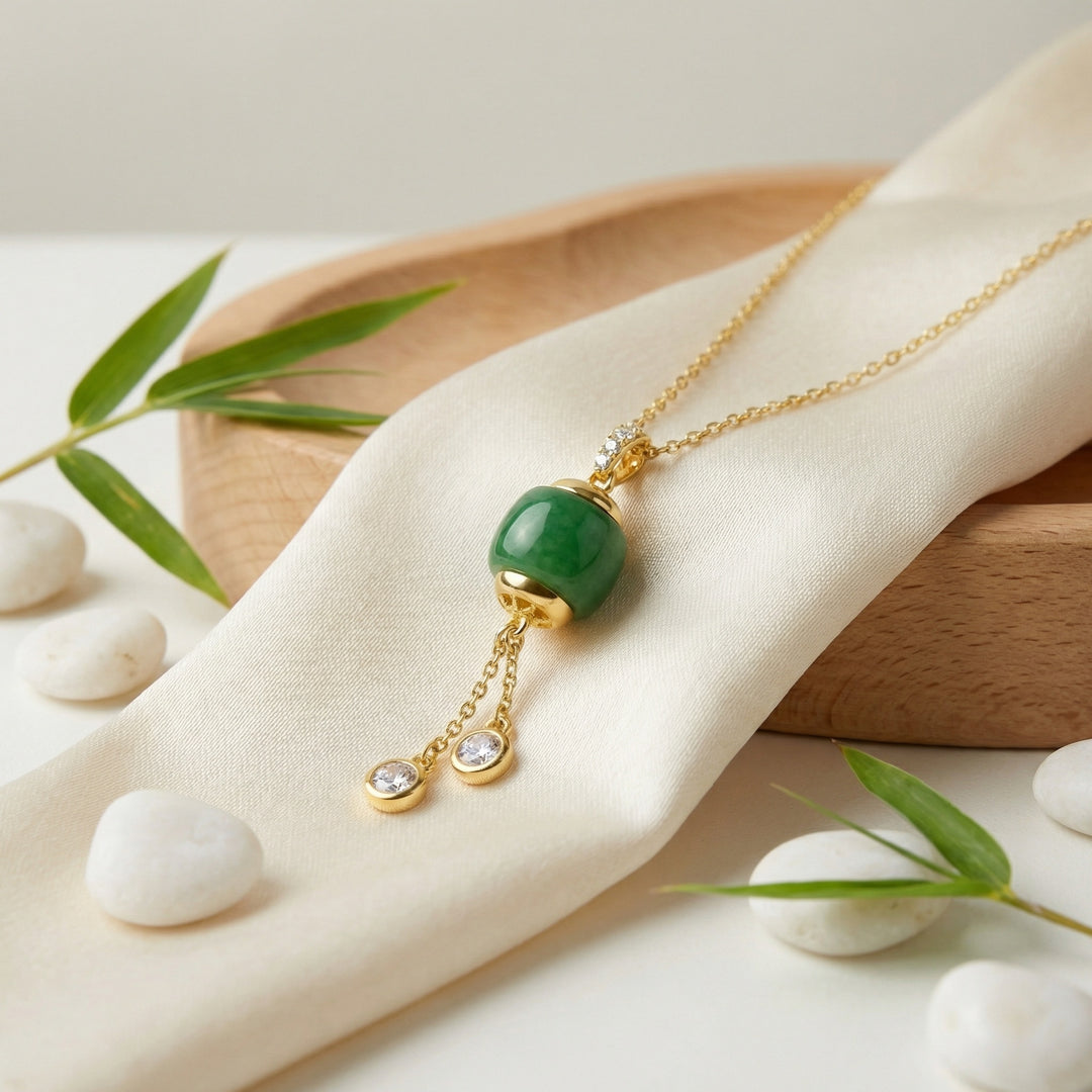 💚 Green Jadeite Barrel Pendant Necklace with Diamonds