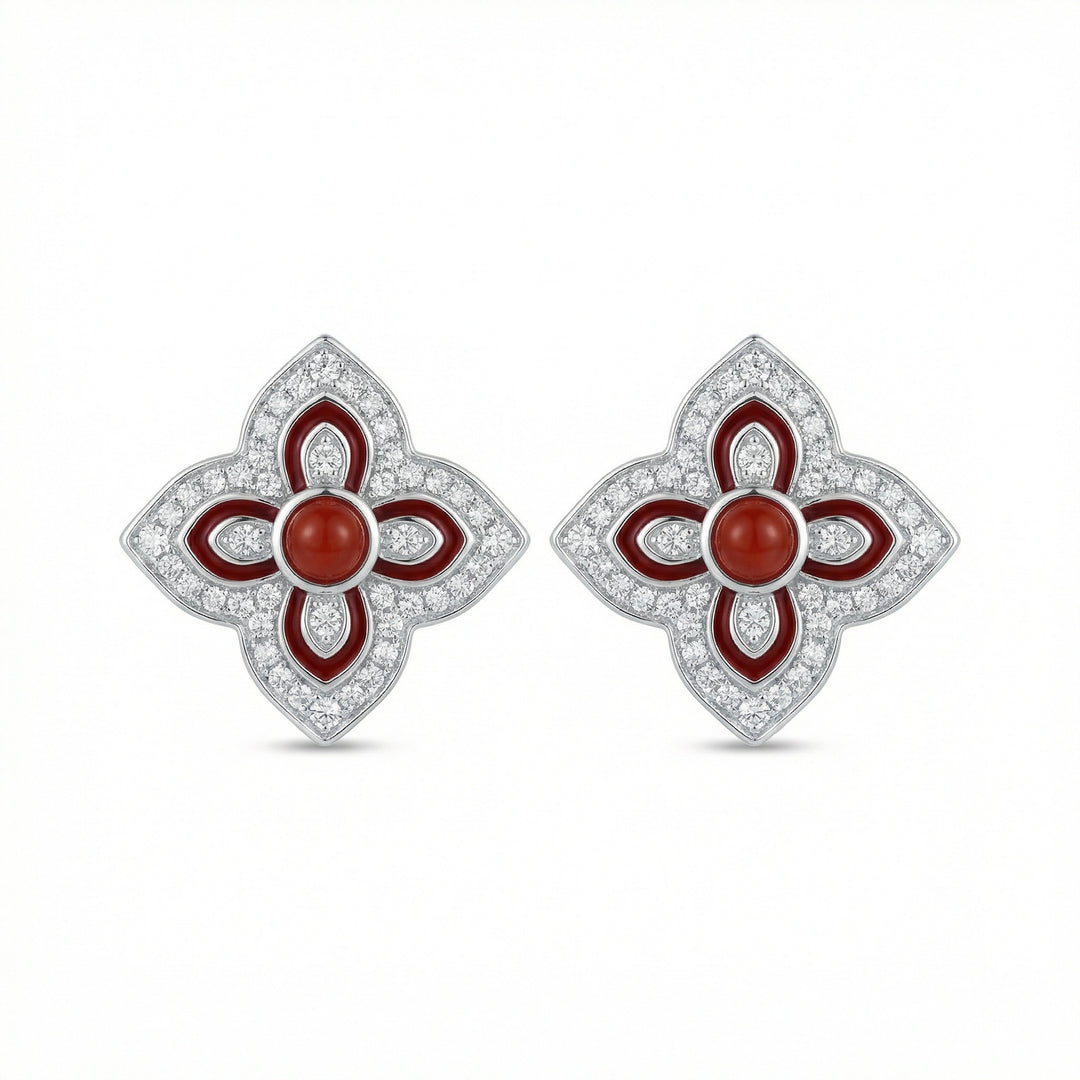 ✨ 925 Sterling Silver Red Carnelian & Diamond Floral Quatrefoil Stud Earrings ✨