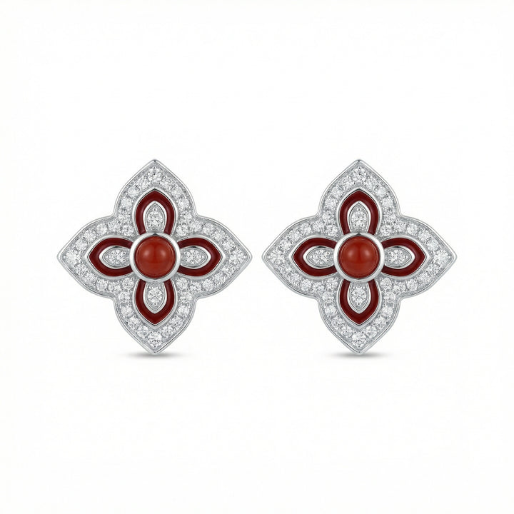 ✨ 925 Sterling Silver Red Carnelian & Diamond Floral Quatrefoil Stud Earrings ✨