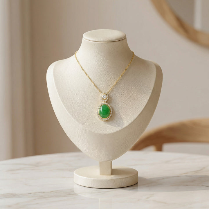✨ Oval Green Gemstone & Diamond Halo Necklace