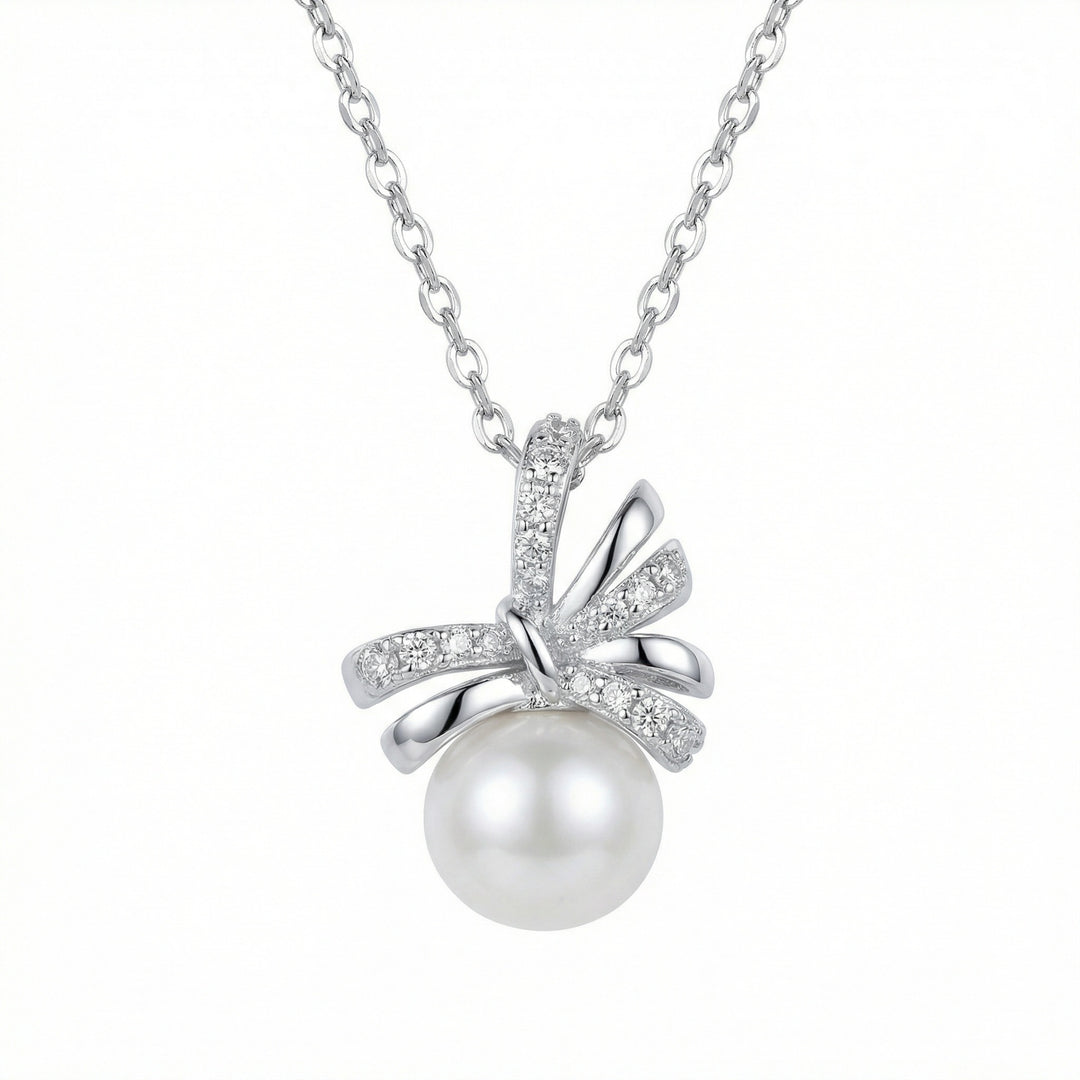 ✨ 925 Sterling Silver Elegant Bow Knot Pendant Necklace with White Pearl & Sparkling Accents ✨