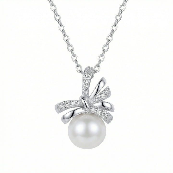 ✨ 925 Sterling Silver Elegant Bow Knot Pendant Necklace with White Pearl & Sparkling Accents ✨
