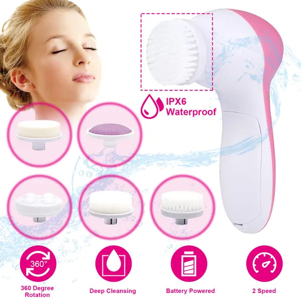 🧼💖 Waterproof Facial Cleansing Brush | Spin Face Scrubber with 5 Brush Heads for Women