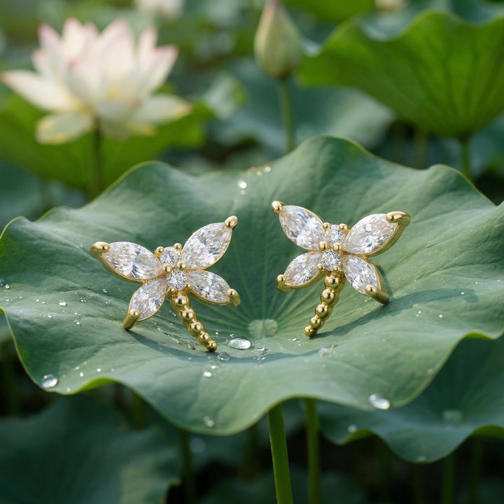 ✨ 925 Sterling Silver Sparkling Marquise Crystal Dragonfly Stud Earrings – Gilded Finish ✨