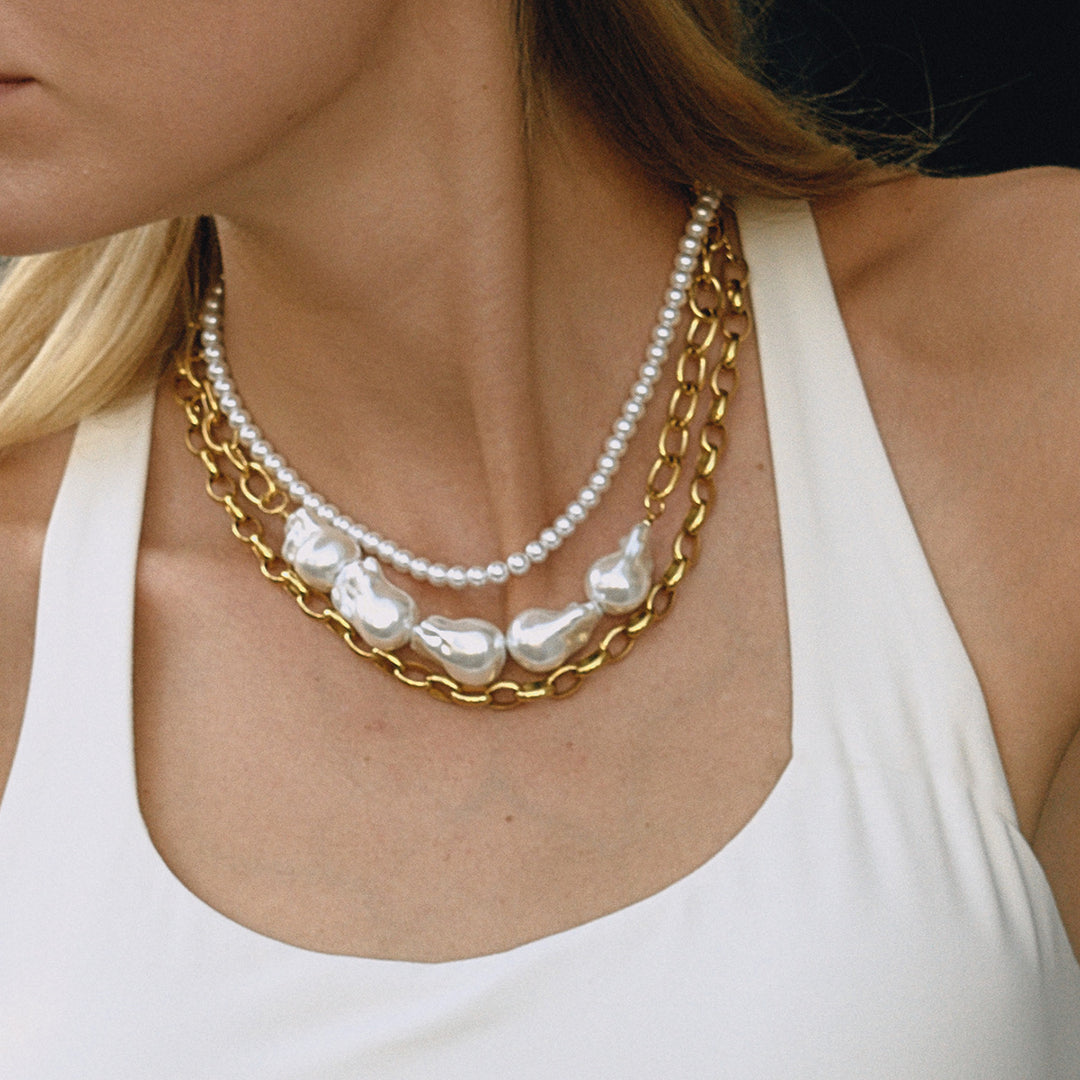 Elegant 18K Gold Stainless Steel Baroque Pearl Necklace – Chanel-Inspired Geometric Jewelry for Women