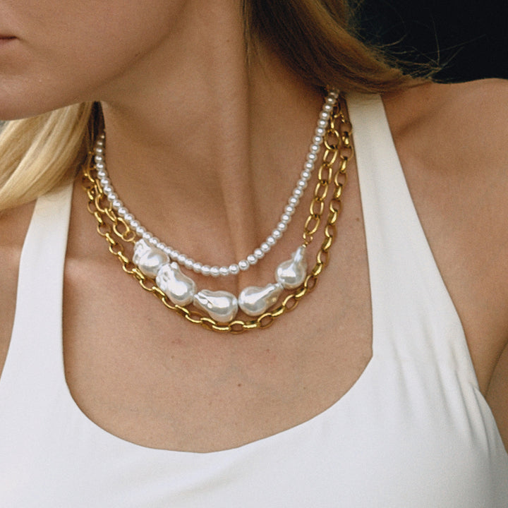 Elegant 18K Gold Stainless Steel Baroque Pearl Necklace – Chanel-Inspired Geometric Jewelry for Women