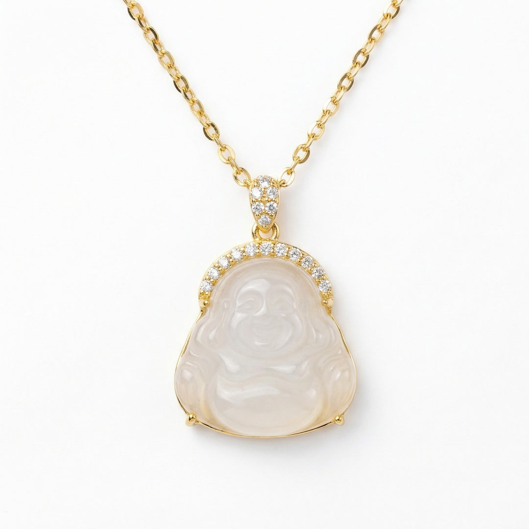 925 Sterling Silver Elegant White Stone Laughing Buddha Necklace with Shimmering Stone Embellishments