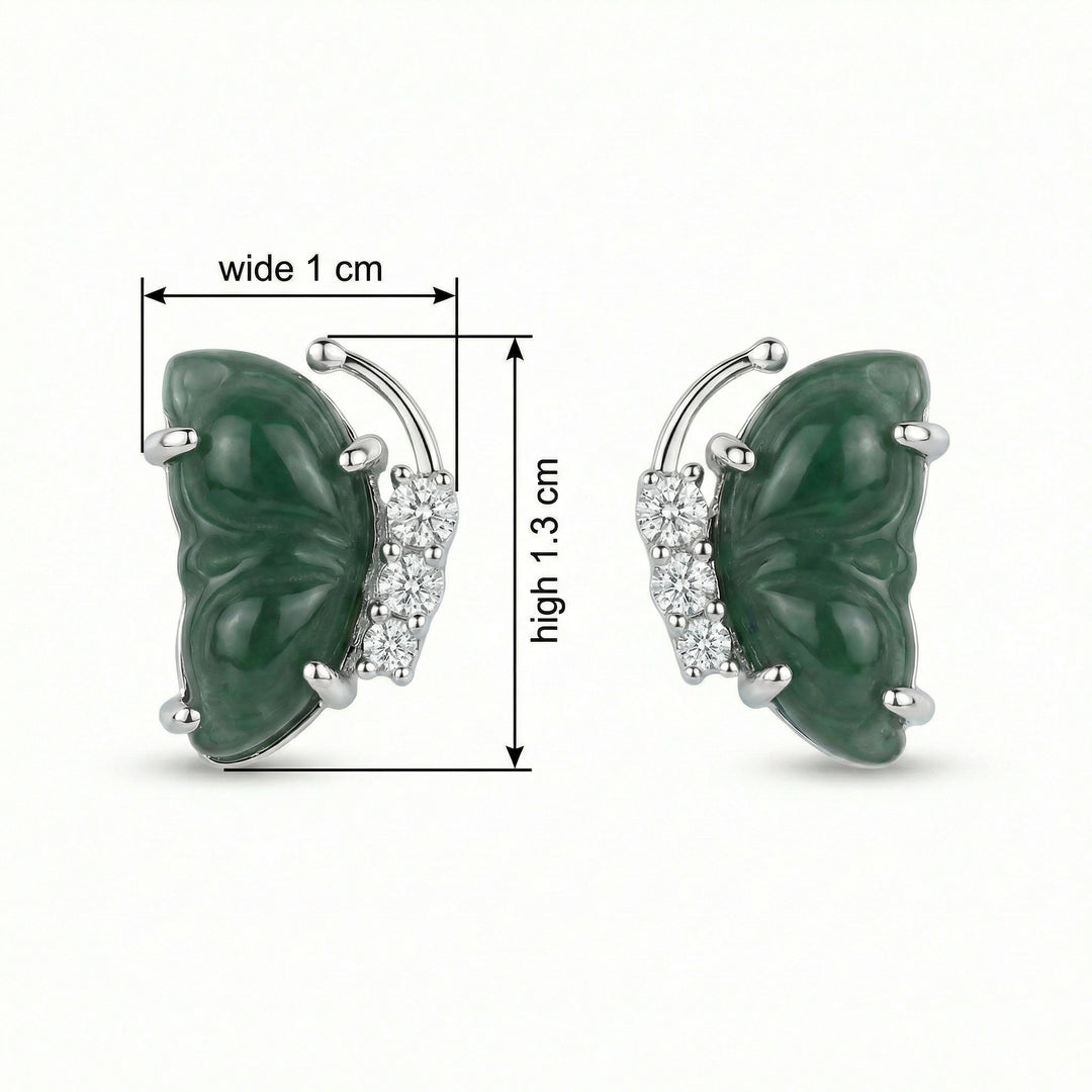 925 Sterling Silver Green Jade Butterfly Wing Stud Earrings with Sparkling Accents