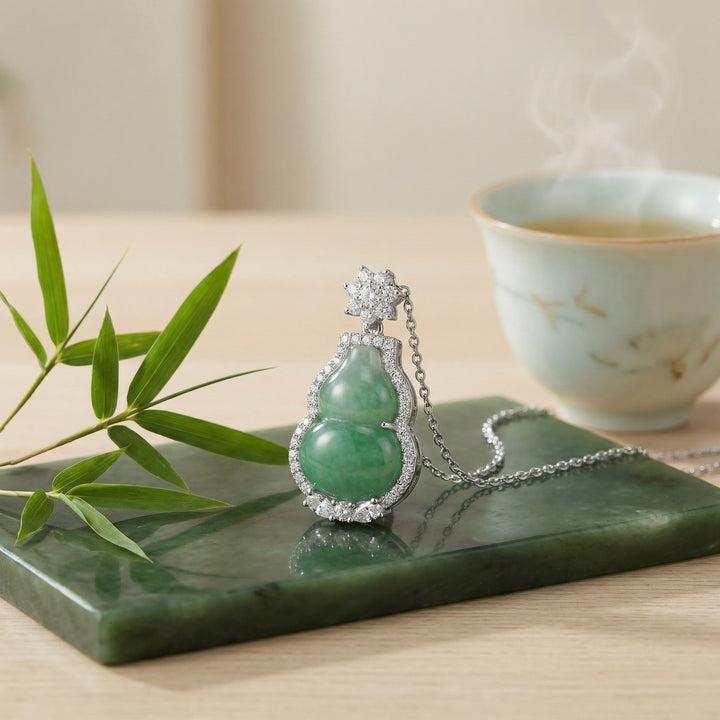 925 Sterling Silver Elegant Green Jade Gourd Pendant Necklace with Sparkling White Stone Halo and Floral Bale