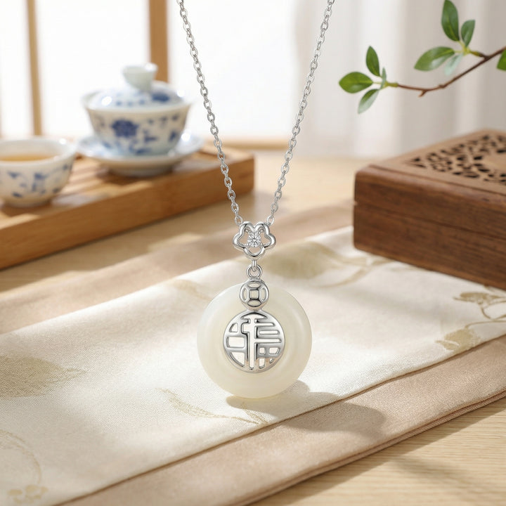 925 Sterling Silver Chinese "Fu" Blessing White Jade Circular Pendant Necklace