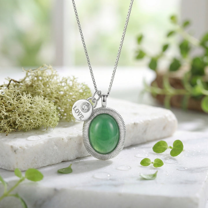 925 Sterling Silver Oval Green Gemstone Necklace – LOVE Charm Crystal Pendant