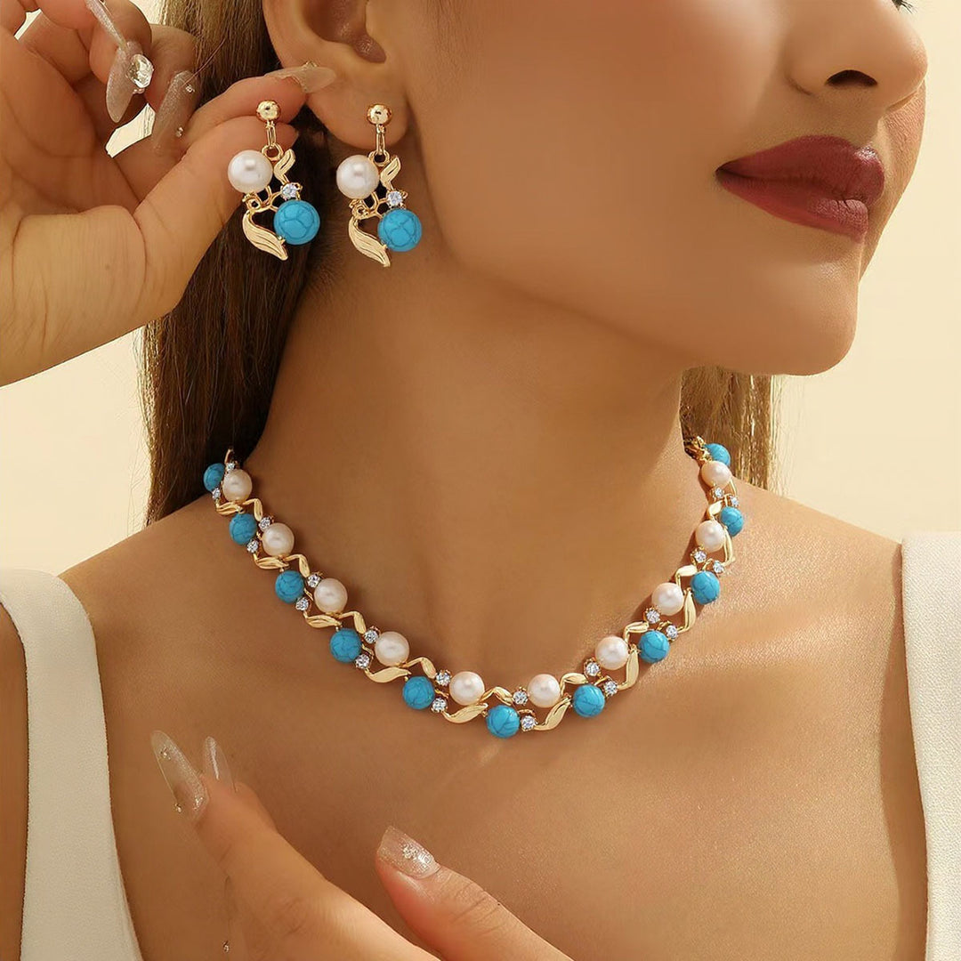 Women’s Pearl & Turquoise Necklace & Earrings Set – Versatile Elegant Jewelry