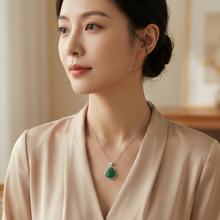 925 Sterling Silver Green Jade Laughing Buddha Necklace – Elegant Pendant with Timeless Charm
