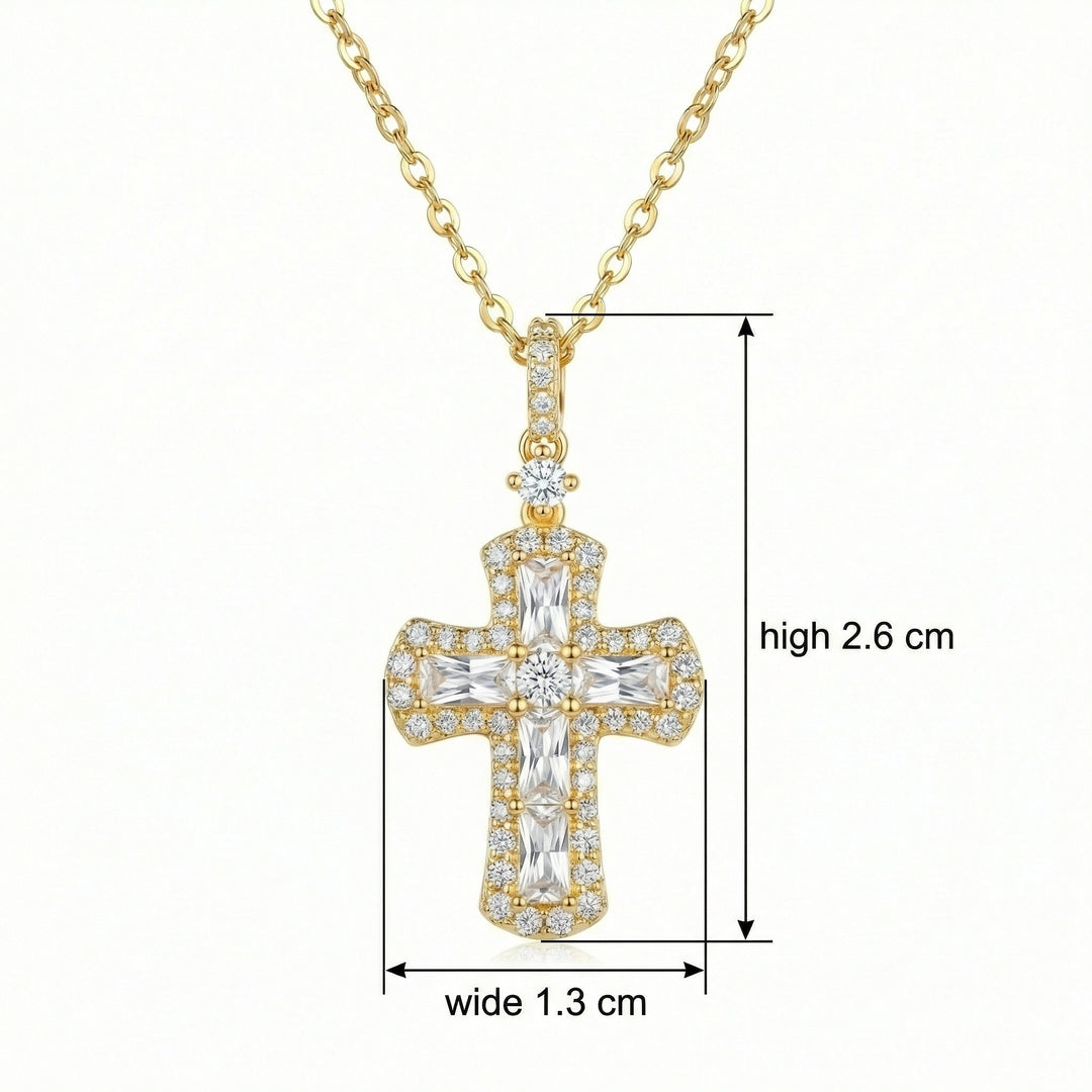 ✨ 925 Sterling Silver Baguette and Round Cut Cross Pendant Necklace in Radiant Finish