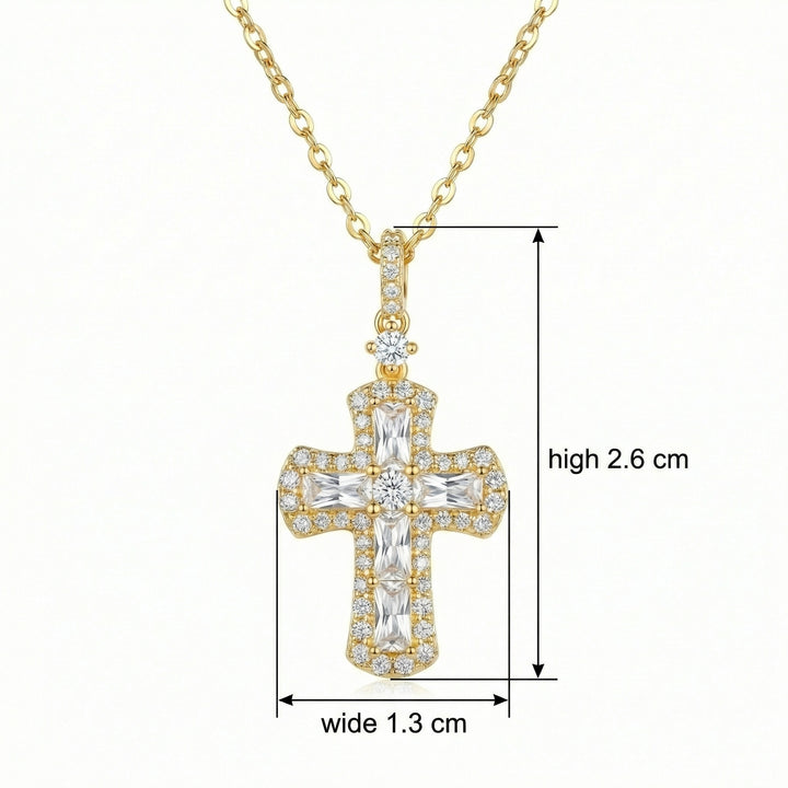 ✨ 925 Sterling Silver Baguette and Round Cut Cross Pendant Necklace in Radiant Finish