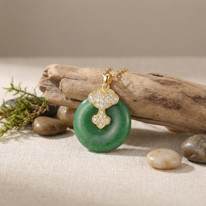✨ 925 Sterling Silver Elegant Green Jade Pi Disc Pendant Necklace with Ornate Sparkling Ruyi Motif ✨