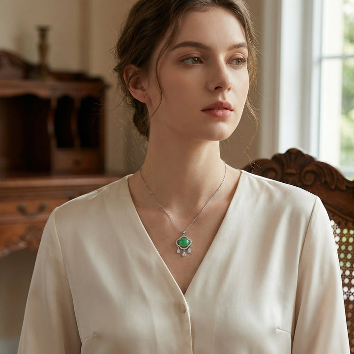 ✨ 925 Sterling Silver Elegant Green Jade Ruyi Pendant Necklace with Diamond Accents and Teardrop Charms ✨