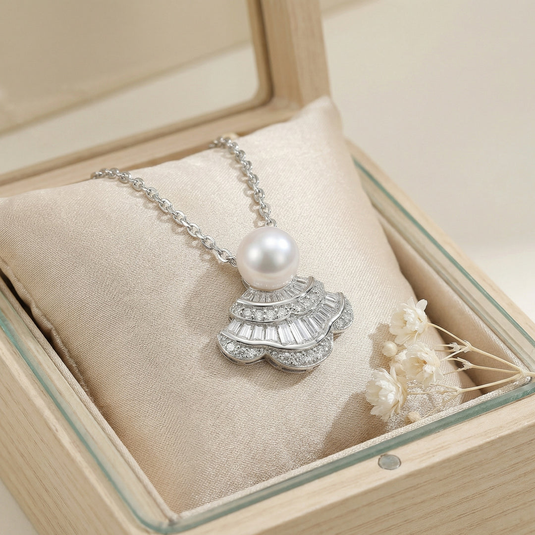 ✨ 925 Sterling Silver Art Deco Fan-Shaped Pearl & Diamond Pendant Necklace ✨