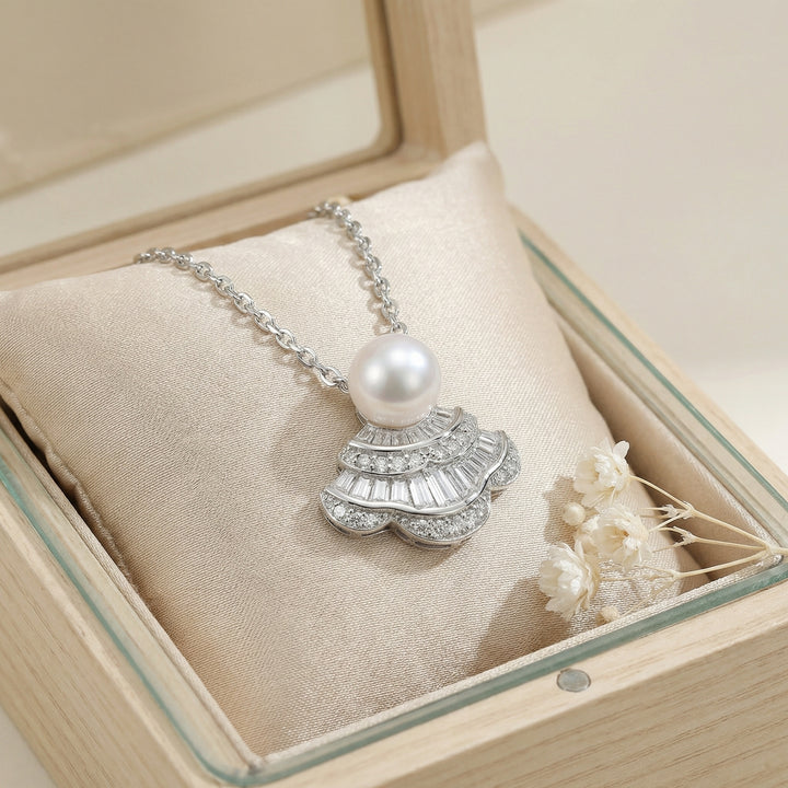 ✨ 925 Sterling Silver Art Deco Fan-Shaped Pearl & Diamond Pendant Necklace ✨