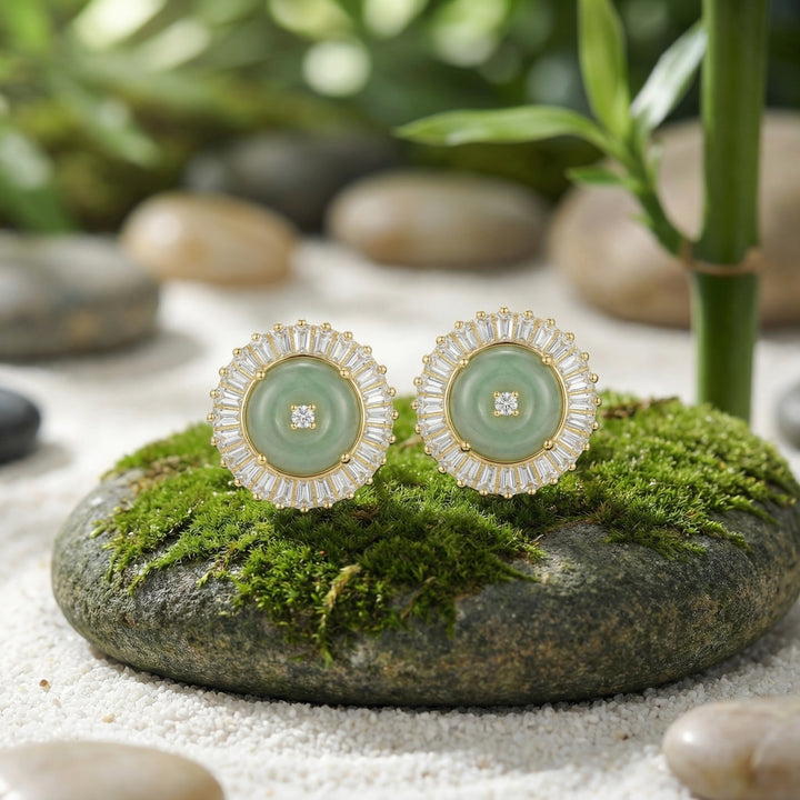 925 Sterling Silver Green Jadeite Stud Earrings with Radiant Baguette Diamond Halo