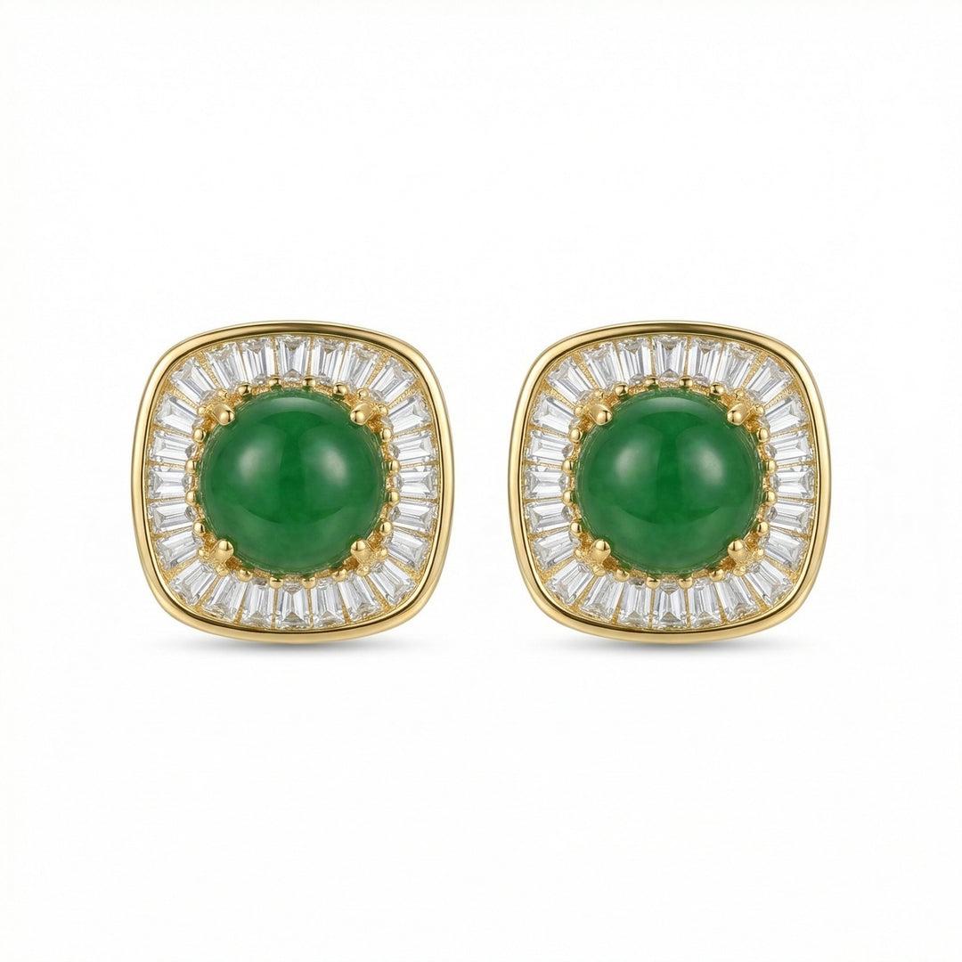 925 Sterling Silver Square Green Jadeite Stud Earrings with White Baguette Halo