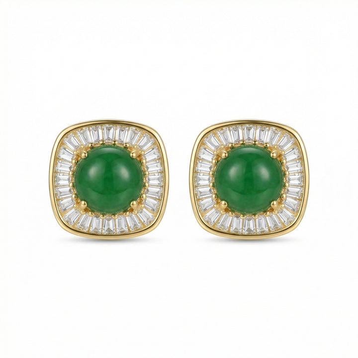 925 Sterling Silver Square Green Jadeite Stud Earrings with White Baguette Halo