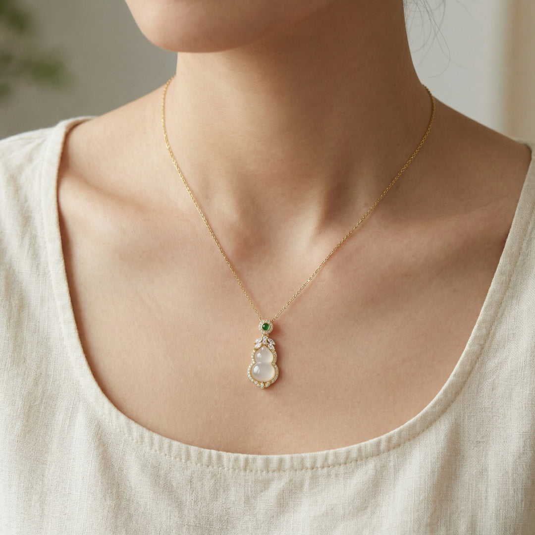 ✨ 925 Sterling Silver Elegant White Jade Hulu Necklace with Green Gemstone & Sparkling Accents ✨