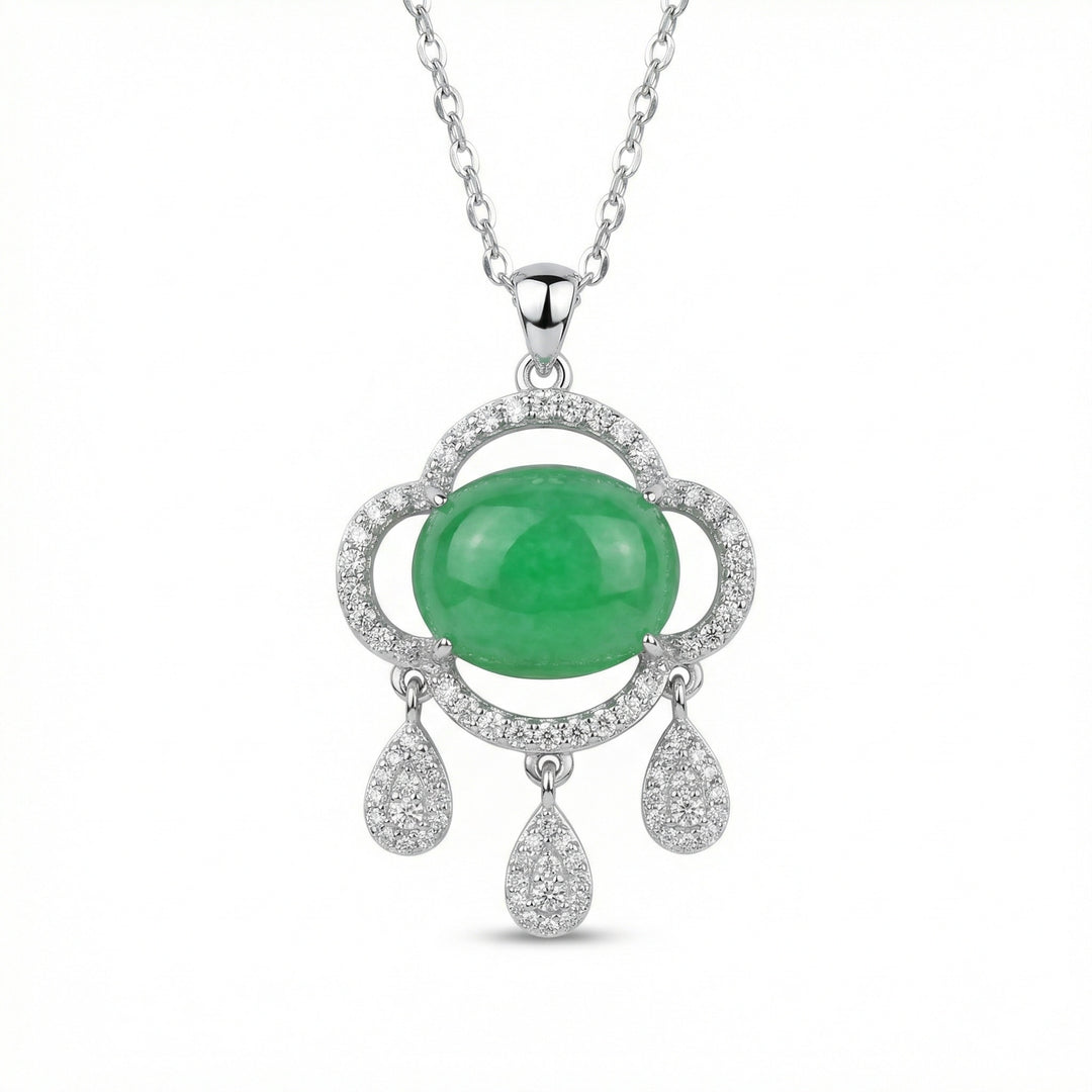 ✨ 925 Sterling Silver Elegant Green Jade Ruyi Pendant Necklace with Diamond Accents and Teardrop Charms ✨