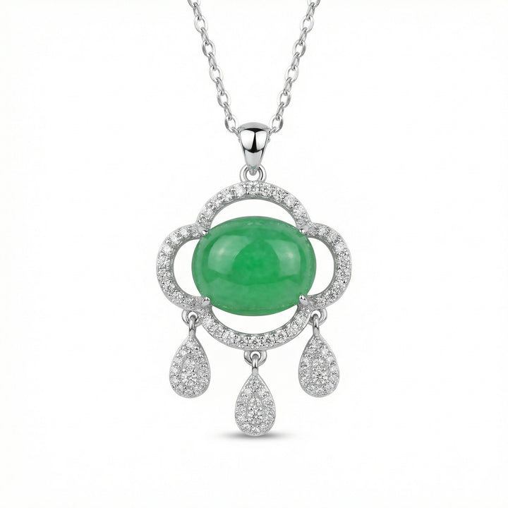 ✨ 925 Sterling Silver Elegant Green Jade Ruyi Pendant Necklace with Diamond Accents and Teardrop Charms ✨