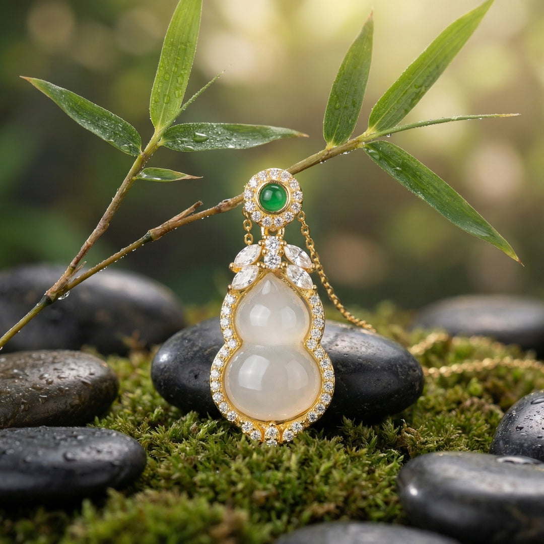 ✨ 925 Sterling Silver Elegant White Jade Hulu Necklace with Green Gemstone & Sparkling Accents ✨
