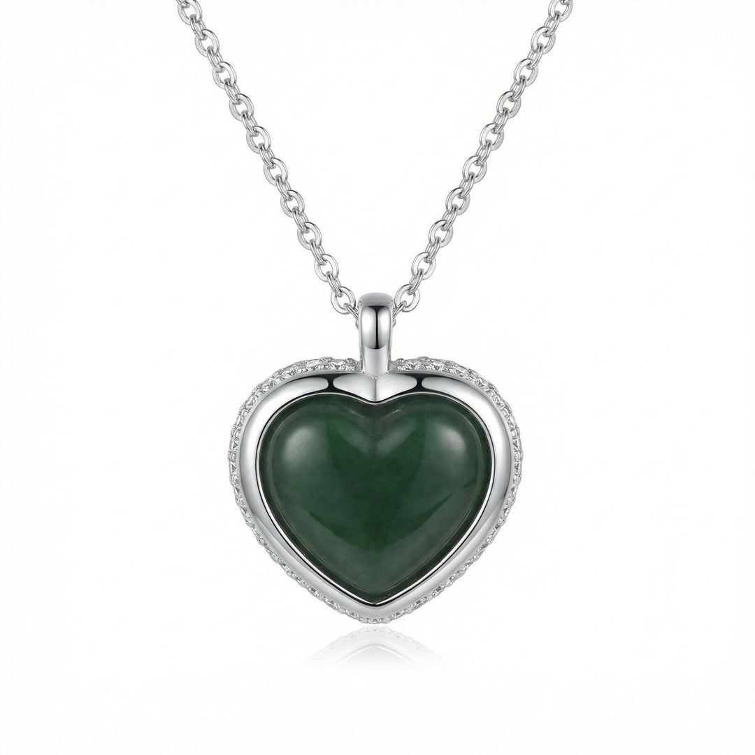 925 Sterling Silver Elegant Heart-Shaped Dark Green Jade Pendant Necklace with Diamond Accents