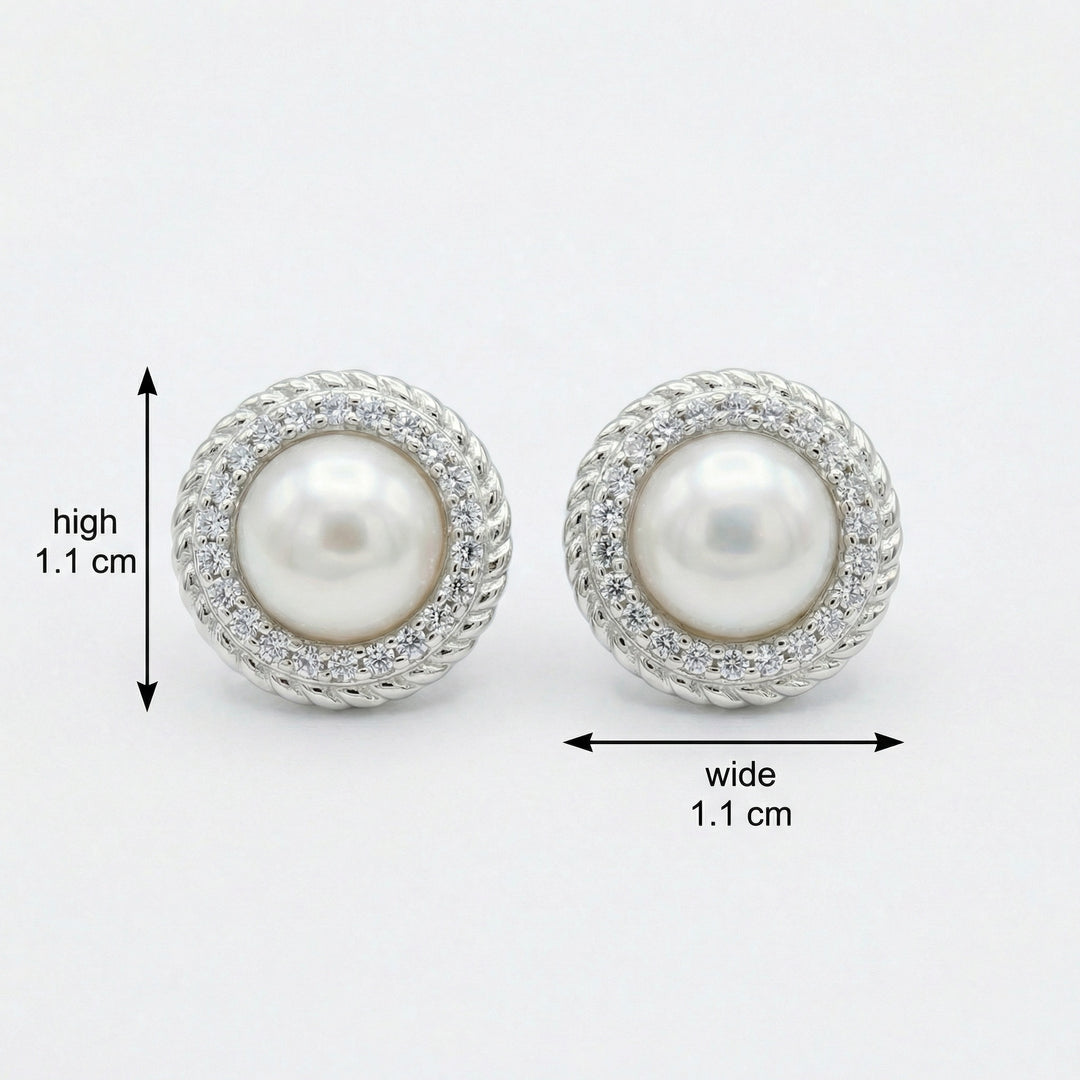 ✨ 925 Sterling Silver White Pearl Halo Stud Earrings with Twisted Rope Detail ✨
