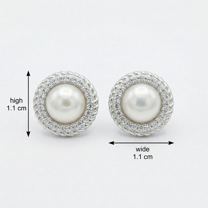 ✨ 925 Sterling Silver White Pearl Halo Stud Earrings with Twisted Rope Detail ✨