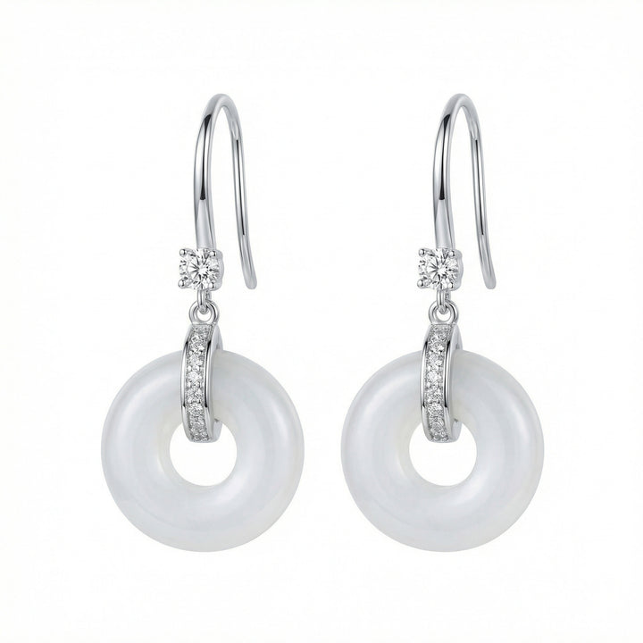 925 Sterling Silver Elegant White Round Stone Drop Earrings with Polished Silver and Brilliant Accents