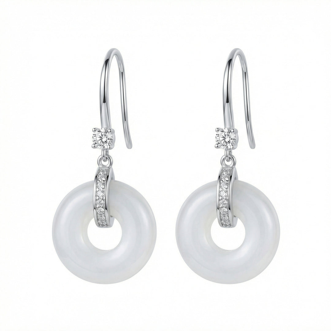 925 Sterling Silver Elegant White Round Stone Drop Earrings with Polished Silver and Brilliant Accents